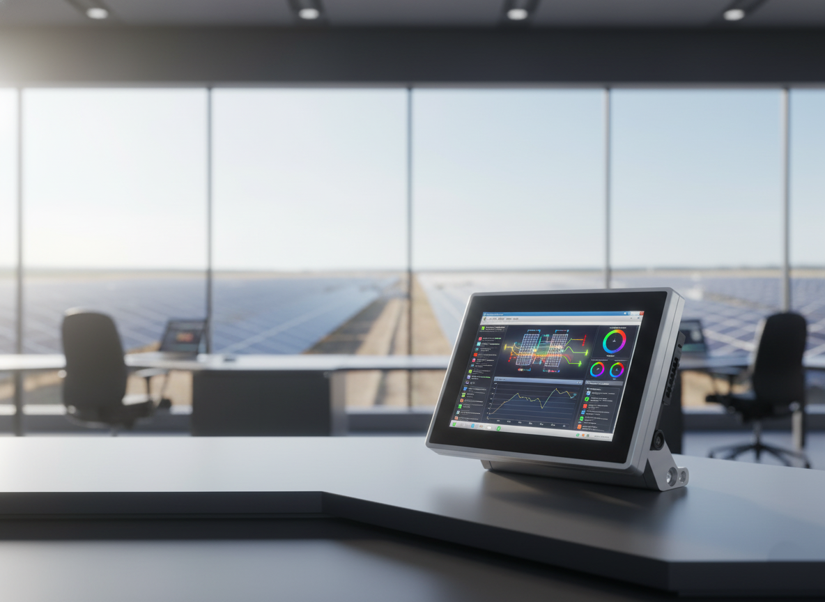 Güneş paneli tarlası – izleme odasında IPC4 Panel PC ekranı