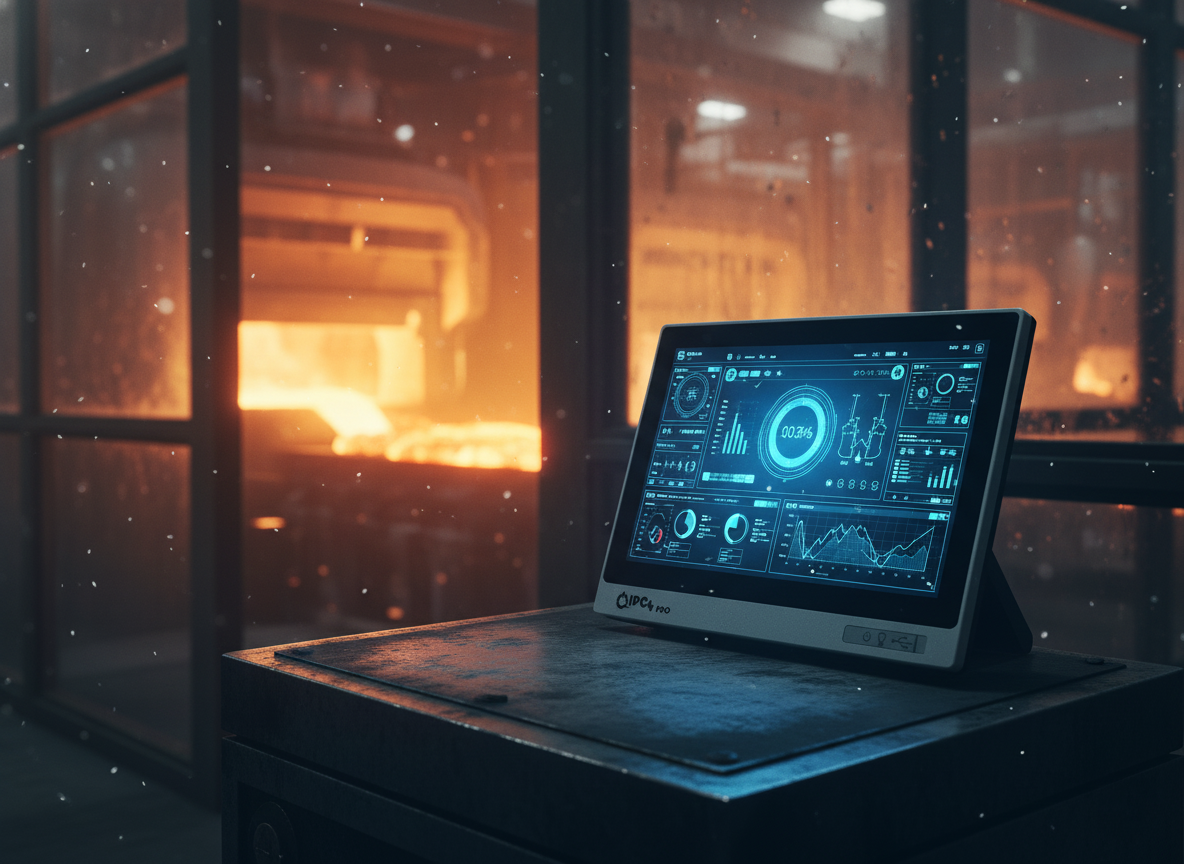 Cam üretim hattı – yüksek ısı fırın önünde Panel PC kontrol noktası