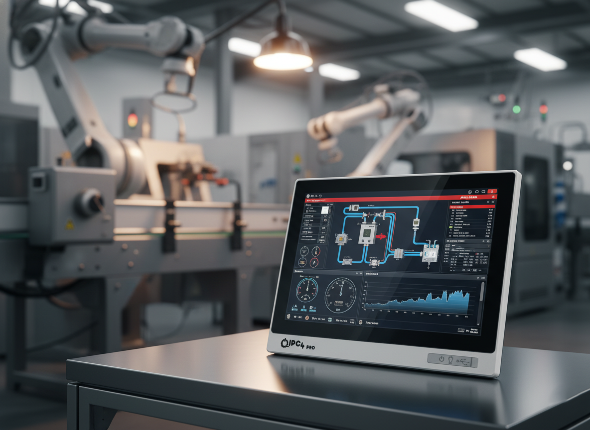 Üretim hattında IPC4 Panel PC ekranı – operatör arayüzünde MES dashboard görüntüsü