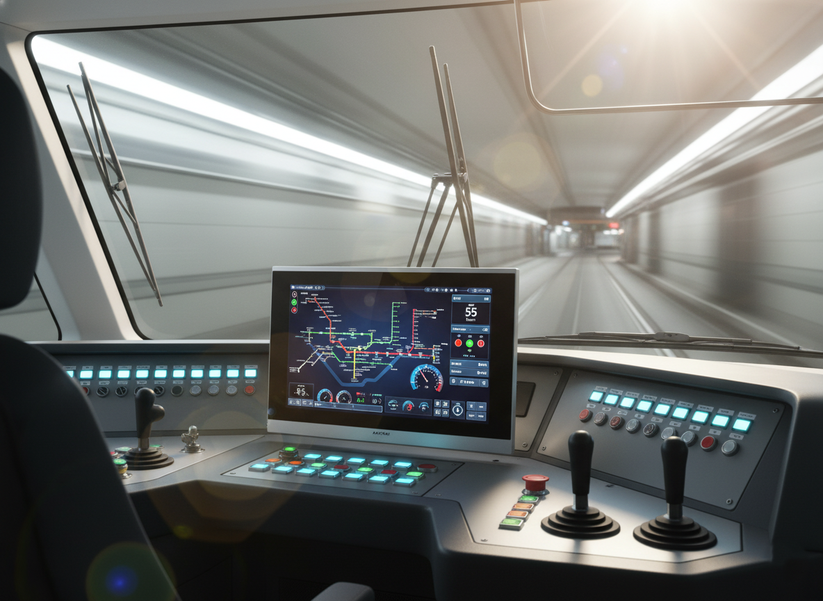 Tren kabininde sürücü arayüzü – AAEON Panel PC görüntüsü