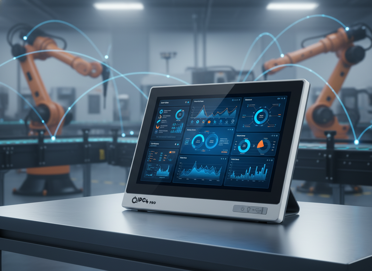 ERP ekranında canlı üretim verileri – arkada üretim hattı fotoğrafı