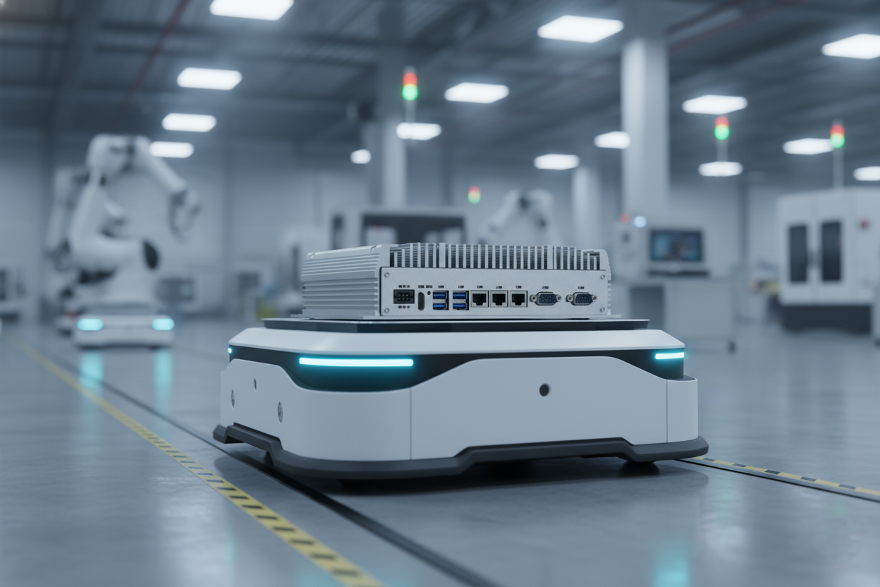 Üretim tesisinde hareket eden AGV aracı – üzerinde IPC4 Box PC etiketi