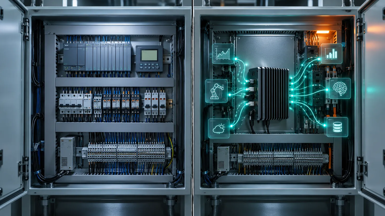 Klasik PLC otomasyonu ile yapay zeka ajanı arasındaki farkı gösteren karşılaştırma görseli