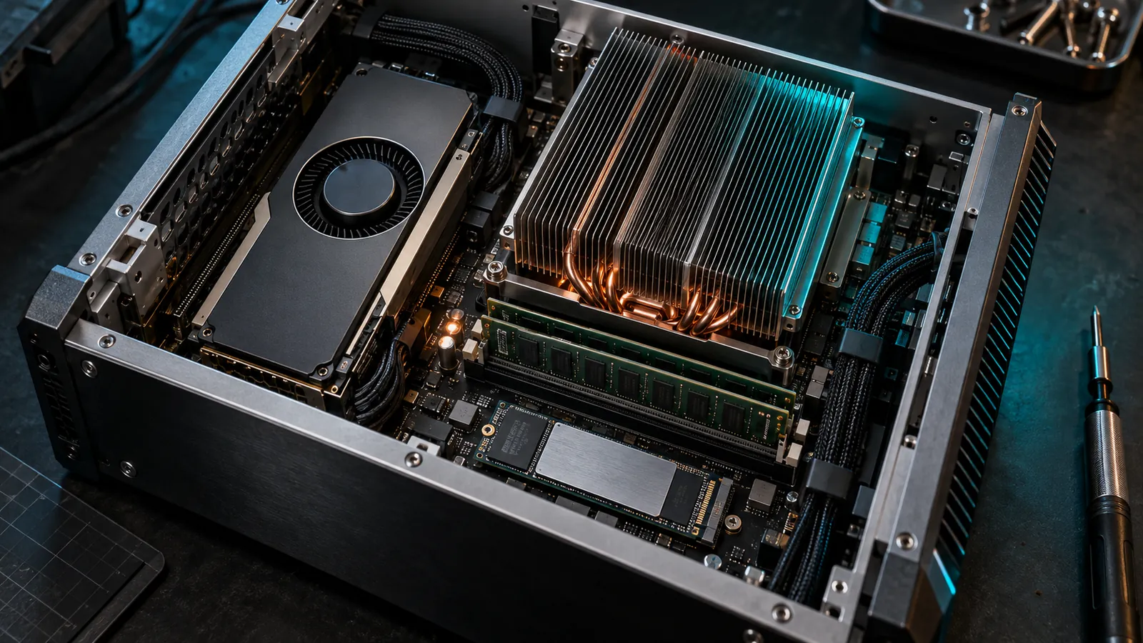 Endüstriyel yapay zeka bilgisayarı iç yapısı: GPU modülü, fansız soğutma bloğu ve endüstriyel SSD